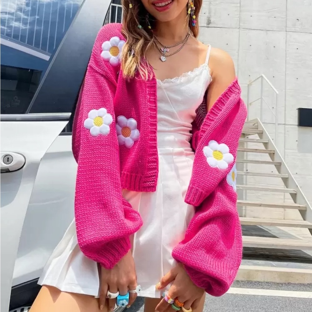 Pink Floral Knit Sweater